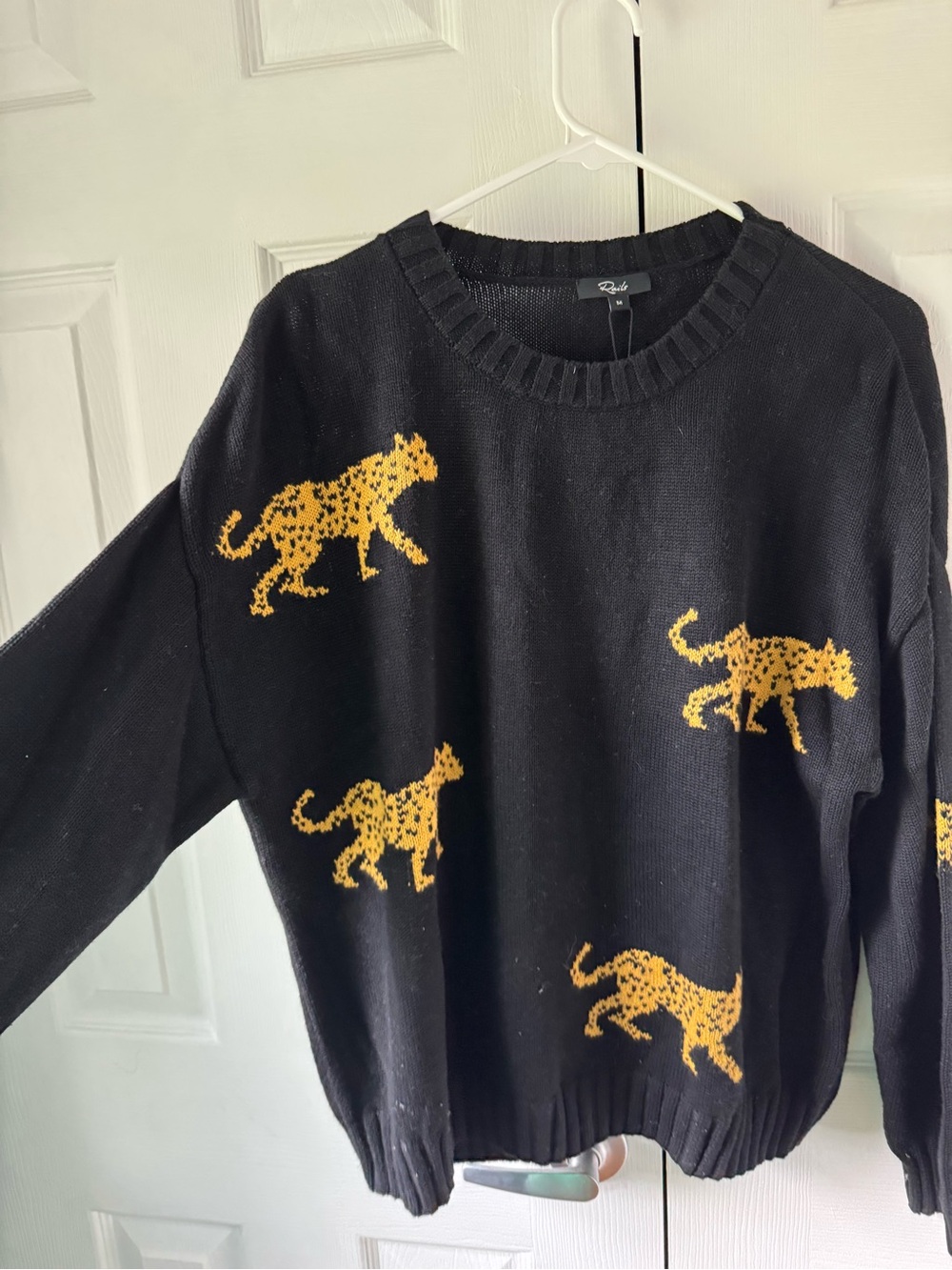 Rails Black Crewneck Sweater with Yellow Leopard Motif